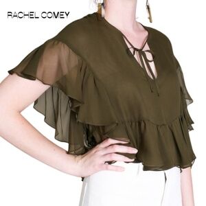 RACHEL COMEY Floater Top Ruffle Keyhole Neckline 100% Silk Olive Green - Size 2
